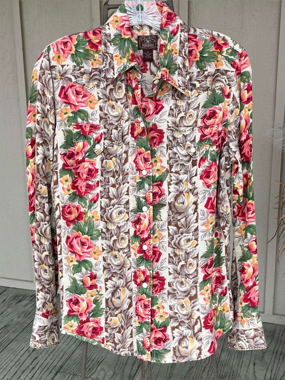Lucky Brand Blouse Linen Western Floral Rose Brown Red Green Pearl Snaps M